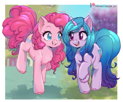 Size: 2433x2000 | Tagged: safe, artist:ponchik_art, izzy moonbow, pinkie pie, earth pony, pony, unicorn, mlp fim's thirteenth anniversary, g4, g5, blurry background, bracelet, chest fluff, crossover, ear fluff, female, full body, happy, high res, izzy and her heroine, jewelry, jumping, looking at each other, looking at someone, mare, open mouth, shadow, sparkles, teeth, unshorn fetlocks