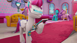 Size: 1920x1074 | Tagged: safe, screencap, jazz hooves, pipp petals, zipp storm, earth pony, pegasus, pony, g5, mane smelody, my little pony: make your mark, my little pony: make your mark chapter 5, spoiler:g5, spoiler:my little pony: make your mark, spoiler:my little pony: make your mark chapter 5, spoiler:mymc05e05, animated, badge, carpet, cellphone, chair, female, gif, looking at each other, looking at someone, mane melody (location), mare, mirror, phone, red carpet, visor