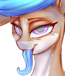 Size: 1637x1897 | Tagged: safe, artist:sketchy knight, oc, oc only, oc:lissy fluffball, pony, bedroom eyes, blue tongue, female, lidded eyes, long tongue, looking at you, open mouth, simple background, smiling, smiling at you, solo, teeth, tongue out, white background