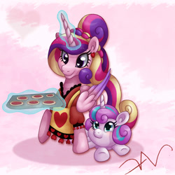 Size: 2000x2000 | Tagged: safe, artist:swasfews, princess cadance, princess flurry heart, alicorn, pony, g4, abstract background, alternate hairstyle, apron, baking sheet, clothes, cookie, cute, cutedance, dress, duo, duo female, ear piercing, earring, female, filly, flurrybetes, foal, food, glowing, glowing horn, high res, horn, jewelry, levitation, magic, mare, mother and child, mother and daughter, piercing, smiling, telekinesis, tray