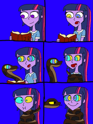 Size: 769x1024 | Tagged: safe, artist:beecartoonist13, twilight sparkle, human, snake, equestria girls, g4, alternate clothes, blue background, book, coils, hypno eyes, hypnosis, hypnotized, kaa, kaa eyes, reading, simple background, smiling, squeezing, the jungle book, wrapped up