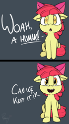 Size: 1152x2073 | Tagged: safe, artist:pinkberry, apple bloom, earth pony, pony, g4, adorabloom, cute, excited, female, filly, foal, implied human, looking at you, open mouth, open smile, sitting, smiling, smiling at you, starry eyes, talking, wingding eyes