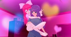 Size: 4096x2160 | Tagged: safe, artist:mtakara, maud pie, pinkie pie, human, g4, 3d, anime, barefoot, duo, duo female, feet, female, hug, humanized, koikatsu, leg hug, siblings, sisters