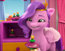 Size: 1705x1347 | Tagged: safe, screencap, pipp petals, pegasus, pony, g5, mane smelody, my little pony: make your mark, my little pony: make your mark chapter 5, spoiler:g5, spoiler:my little pony: make your mark, spoiler:my little pony: make your mark chapter 5, spoiler:mymc05e05, adorapipp, bottle, container, curtains, cute, drawer, female, mare, smiling, solo
