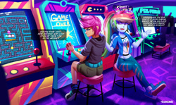 Size: 3671x2182 | Tagged: safe, artist:ichimoral, rainbow dash, scootaloo, human, equestria girls, g4, arcade, arcade cabinet, arcade game, breasts, caption, clothes, collar, commission, converse, dialogue, duo, english, female, game over, hair, high res, hoodie, indoors, leggings, pac-man, pants, shirt, shoes, shorts, sitting, smiling, sweater, teenager, text, tomboy