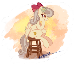 Size: 3412x2836 | Tagged: safe, artist:staceyld636, oc, oc only, oc:dandelion "buttercup", pegasus, pony, bow, eyelashes, flower, flower in hair, hair bow, high res, simple background, sitting, solo, stool, the thinker, thinking