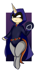 Size: 1579x2947 | Tagged: safe, artist:andelai, oc, oc only, oc:celice, pony, unicorn, cape, clothes, cosplay, costume, dc comics, female, hood, hooded cape, horn, legs together, leotard, magic, raven (dc comics), simple background, teen titans