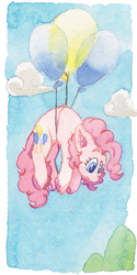 Size: 693x1391 | Tagged: safe, artist:lost marbles, pinkie pie, earth pony, pony, g4, balloon, cloud, female, floating, solo, then watch her balloons lift her up to the sky, traditional art, watercolor painting