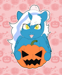 Size: 527x637 | Tagged: safe, artist:cute-little-star97, oc, oc only, oc:fleurbelle, alicorn, pony, alicorn oc, bow, female, hair bow, halloween, holiday, horn, mare, pink background, pumpkin, simple background, solo, wings, yellow eyes