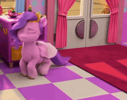 Size: 1006x792 | Tagged: safe, screencap, pipp petals, pegasus, pony, g5, mane smelody, my little pony: make your mark, my little pony: make your mark chapter 5, spoiler:g5, spoiler:my little pony: make your mark, spoiler:my little pony: make your mark chapter 5, spoiler:mymc05e05, adorapipp, animated, bottle, cropped, curtains, cute, door, drawer, female, happy, jumping, mane melody (location), mare, prancing, pronking, solo, stink thistle, weeds