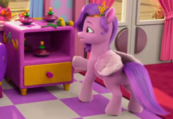 Size: 1198x824 | Tagged: safe, screencap, pipp petals, pegasus, pony, g5, mane smelody, my little pony: make your mark, my little pony: make your mark chapter 5, spoiler:g5, spoiler:my little pony: make your mark, spoiler:my little pony: make your mark chapter 5, spoiler:mymc05e05, bottle, container, cropped, curtains, door, drawer, female, mare, solo, stink thistle, weeds