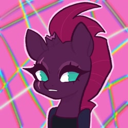 Size: 1500x1500 | Tagged: safe, artist:xpeebx, tempest shadow, pony, unicorn, g4, abstract background, armor, broken horn, bust, colored pupils, eye scar, facial scar, female, horn, mare, portrait, scar, solo