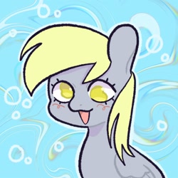 Size: 1500x1500 | Tagged: safe, artist:xpeebx, derpy hooves, pegasus, pony, g4, abstract background, blushing, bubble, bust, colored pupils, cross-eyed, folded wings, open mouth, open smile, portrait, smiling, solo, wings