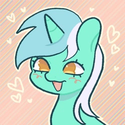Size: 1500x1500 | Tagged: safe, artist:xpeebx, lyra heartstrings, pony, unicorn, g4, abstract background, blushing, bust, colored pupils, heart, horn, open mouth, open smile, patterned background, portrait, smiling, solo
