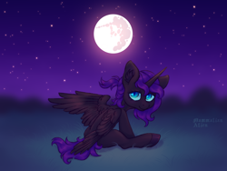 Size: 4444x3333 | Tagged: safe, artist:mammalian_alien, oc, oc only, oc:nyx, alicorn, pony, female, filly, foal, grass, looking at you, mare in the moon, moon, solo, stars