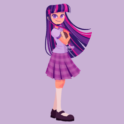 Size: 1500x1500 | Tagged: safe, artist:vollogo, twilight sparkle, human, g4, alternate hairstyle, blushing, book, clothes, cute, female, flats, humanized, palindrome get, purple background, shirt, shoes, simple background, skirt, socks, solo, stockings, t-shirt, thigh highs, twiabetes