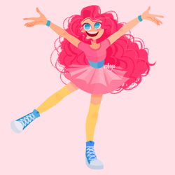 Size: 1500x1500 | Tagged: safe, artist:vollogo, pinkie pie, human, g4, alternate hairstyle, belt, clothes, converse, cute, diapinkes, female, humanized, open mouth, pink background, shirt, shoes, simple background, skirt, socks, solo, stockings, t-shirt, thigh highs, wristband