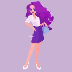 Size: 1500x1500 | Tagged: safe, artist:vollogo, rarity, human, g4, alternate hairstyle, bag, belt, clothes, cute, ear piercing, earring, eyeshadow, female, handbag, high heels, humanized, jewelry, lipstick, makeup, nail polish, necklace, piercing, purple background, raribetes, shirt, shoes, simple background, skirt, solo