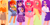 Size: 3589x1826 | Tagged: safe, artist:vollogo, applejack, fluttershy, pinkie pie, rainbow dash, rarity, twilight sparkle, human, g4, alternate hairstyle, bandana, belt, blushing, book, boots, clothes, crossed arms, cute, denim, denim skirt, ear piercing, earring, eyeshadow, female, freckles, humanized, jewelry, lipstick, makeup, mane six, nail polish, necklace, open mouth, piercing, raribetes, shirt, shoes, shorts, skirt, socks, sports shorts, stockings, sweater, sweatershy, t-shirt, thigh highs