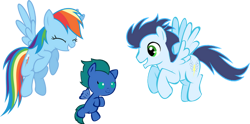 Size: 750x372 | Tagged: safe, artist:momoe-mi, rainbow dash, soarin', oc, pegasus, pony, g4, baby, baby pony, colt, female, foal, male, mare, offspring, parent:rainbow dash, parent:soarin', parents:soarindash, ship:soarindash, shipping, simple background, stallion, straight, transparent background, trio