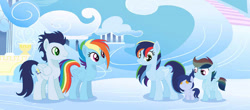 Size: 750x331 | Tagged: safe, artist:littsandy, rainbow dash, soarin', oc, pegasus, pony, g4, colt, female, filly, foal, male, mare, offspring, parent:rainbow dash, parent:soarin', parents:soarindash, ship:soarindash, shipping, stallion, straight