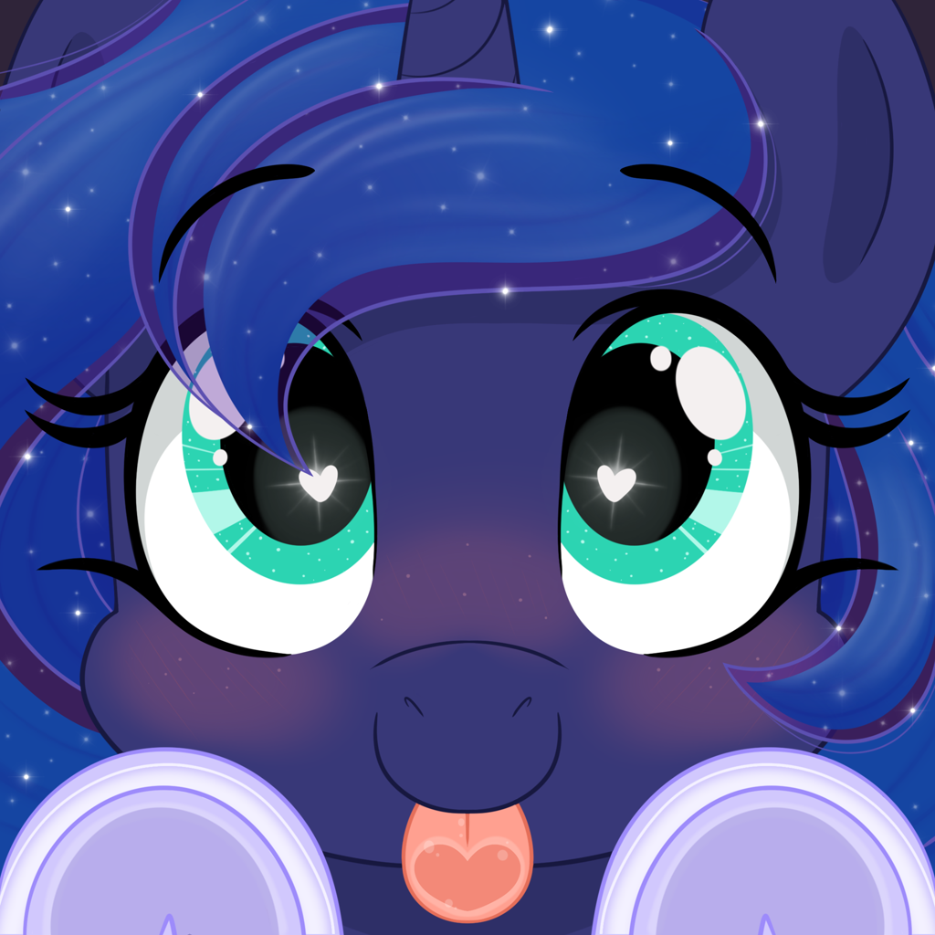 [:p,alicorn,blushing,cute,happy,heart,heart eyes,licking,pony,princess luna,safe,solo,wingding eyes,tongue out,underhoof,lunabetes,sparkly mane,artist:emberslament,licking the fourth wall,heart tongue]
