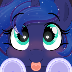 Size: 2048x2048 | Tagged: safe, artist:emberslament, princess luna, alicorn, pony, g4, :p, adorable face, blushing, cute, ethereal mane, female, happy, heart, heart eyes, heart tongue, high res, hoof shoes, licking, licking the fourth wall, looking at you, lunabetes, mare, smiling, smiling at you, solo, sparkly mane, starry mane, tongue out, underhoof, wingding eyes