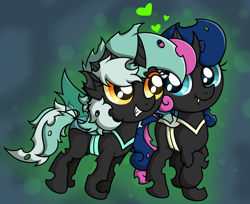 Size: 2362x1924 | Tagged: safe, artist:background basset, bon bon, lyra heartstrings, sweetie drops, changeling, g4, abstract background, bon bon is best changeling, changeling lyra, changelingified, duo, female, grin, heart, lesbian, looking at each other, looking at someone, ship:lyrabon, shipping, smiling, species swap, teal changeling, yellow changeling