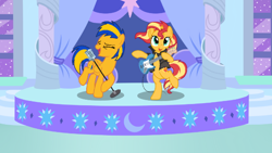 Size: 600x338 | Tagged: safe, artist:noi kincade, sunset shimmer, oc, oc:flare spark, pegasus, pony, unicorn, g4, bipedal, electric guitar, female, guitar, mare, microphone, musical instrument, solo, stage