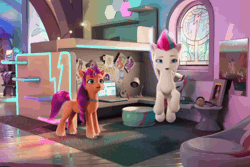 Size: 1596x1066 | Tagged: safe, screencap, sunny starscout, twilight sparkle, zipp storm, alicorn, earth pony, pegasus, pony, g5, mane smelody, my little pony: make your mark, my little pony: make your mark chapter 5, spoiler:g5, spoiler:my little pony: make your mark, spoiler:my little pony: make your mark chapter 5, spoiler:mymc05e05, animated, bust, chair, computer, female, flying, gif, laptop computer, mare, poster, stained glass, stool, thinking, twilight sparkle (alicorn), visor, window