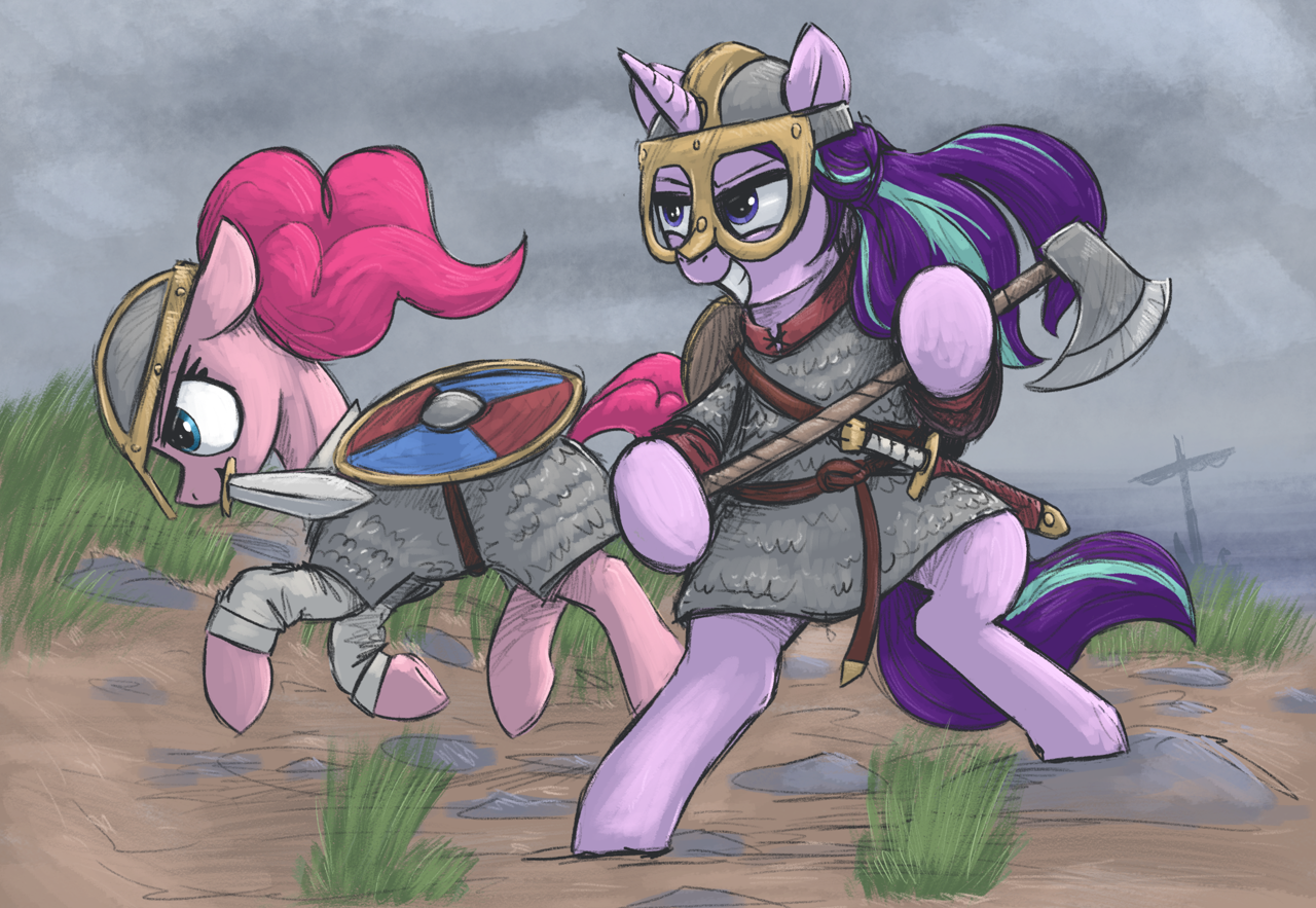 [armor,axe,belt,bipedal,earth pony,female,grass,grin,helmet,mare,mouth hold,ocean,pinkie pie,pony,safe,shield,sword,unicorn,viking,water,weapon,windswept mane,chainmail,galloping,starlight glimmer,smiling,hoof hold,artist:t72b,historical roleplay starlight]