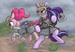 Size: 3000x2070 | Tagged: safe, artist:t72b, pinkie pie, starlight glimmer, earth pony, pony, unicorn, g4, armor, axe, belt, bipedal, chainmail, female, galloping, grass, grin, helmet, high res, historical roleplay starlight, hoof hold, horn, mare, mouth hold, ocean, shield, smiling, sword, viking, water, weapon, windswept mane