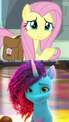 Size: 2160x3840 | Tagged: safe, edit, edited screencap, screencap, fluttershy, misty brightdawn, pegasus, pony, unicorn, cutie blossom bash, daring doubt, g4, g5, my little pony: make your mark, my little pony: make your mark chapter 5, spoiler:g5, spoiler:my little pony: make your mark, spoiler:my little pony: make your mark chapter 5, spoiler:mymc05e01, cropped, cute, female, high res, mare, misty and her heroine, mistybetes, rebirth misty, shyabetes, smiling