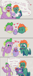 Size: 1920x4345 | Tagged: safe, artist:mythical artist, spike, oc, oc:cole, oc:emziko, dragon, g4, adult, adult spike, baby, baby dragon, canon x oc, comic, crying, dialogue, dragon egg, dragoness, egg, family, female, floating heart, hatching, hatchling, heart, high res, kissing, male, offspring, older, older spike, parent:oc:emziko, parent:spike, parents:canon x oc, parents:spiko, shipping, speech bubble, spiko, spread wings, straight, tears of joy, winged spike, wings