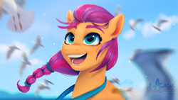 Size: 1920x1080 | Tagged: safe, artist:mythical artist, sunny starscout, bird, earth pony, pony, seagull, g5, 2022, bust, cute, female, looking up, mare, open mouth, open smile, smiling, solo, sunnybetes, windswept mane