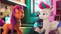 Size: 1920x1080 | Tagged: safe, screencap, sunny starscout, zipp storm, earth pony, pegasus, pony, g5, mane smelody, my little pony: make your mark, my little pony: make your mark chapter 5, spoiler:g5, spoiler:my little pony: make your mark, spoiler:my little pony: make your mark chapter 5, spoiler:mymc05e05, animated, bust, computer, disgusted, female, gagging, gif, hoof polish, laptop computer, magnifying glass, smelly, smelly hooves, stained glass, sticky note, stink lines, visible stench, visor, webcam, window