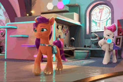 Size: 1512x1014 | Tagged: safe, screencap, sunny starscout, zipp storm, earth pony, pegasus, pony, g5, mane smelody, my little pony: make your mark, my little pony: make your mark chapter 5, spoiler:g5, spoiler:my little pony: make your mark, spoiler:my little pony: make your mark chapter 5, spoiler:mymc05e05, animated, bust, computer, cropped, female, fluttershy's cutie mark, gif, hoof polish, laptop computer, magnifying glass, mane stripe sunny, picture frame, pins, rainbow dash's cutie mark, satchel, smelly, smelly hooves, stained glass, stink lines, tongue out, twilight sparkle's cutie mark, visible stench, visor, window