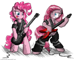 Size: 1000x813 | Tagged: safe, artist:flutterthrash, pinkie pie, earth pony, semi-anthro, g4, arm hooves, clothes, duality, duo, duo female, electric guitar, female, guitar, heavy metal, mare, musical instrument, open mouth, pinkamena diane pie, rock (music), sharp teeth, socks, tail, teeth, thigh highs, thrash metal