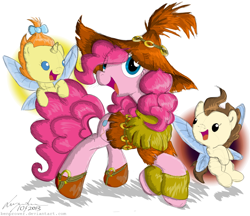 Size: 1100x950 | Tagged: safe, artist:flutterthrash, pinkie pie, pound cake, pumpkin cake, earth pony, fairy, pony, unicorn, g4, 2013, baby, baby pony, beady eyes, bow, clothes, costume, fairy wings, female, flying, foal, hair bow, hat, hoof shoes, horn, looking at you, male, mare, nintendo, open mouth, open smile, signature, skull kid, smiling, spread wings, tael, tail, tatl, the legend of zelda, the legend of zelda: majora's mask, trio, wings