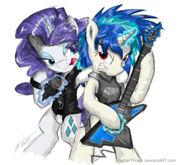 Size: 1000x933 | Tagged: safe, artist:flutterthrash, dj pon-3, rarity, vinyl scratch, pony, unicorn, g4, 2014, anthrax, clothes, duo, duo female, electric guitar, eyeshadow, female, glam metal, glam rock, grin, guitar, hard rock, heavy metal, horn, looking at you, magic, makeup, mare, microphone, musical instrument, open mouth, rock (music), shirt, signature, simple background, smiling, telekinesis, white background