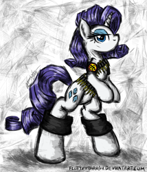 Size: 1200x1400 | Tagged: safe, artist:flutterthrash, rarity, pony, unicorn, g4, 2014, bipedal, bullet, d.r.i., female, horn, lidded eyes, looking at you, metal, signature, solo, tail