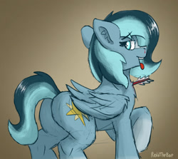 Size: 2233x1996 | Tagged: safe, artist:reddthebat, oc, oc only, oc:alaska (reddthebat), ghost, ghost pony, pegasus, pony, arrow, blood, butt, female, gradient background, looking back, mare, nosebleed, open mouth, open smile, plot, raised hoof, signature, smiling, solo, tongue out