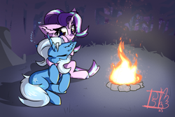 Size: 3000x2000 | Tagged: safe, artist:jubyskylines, starlight glimmer, trixie, pony, unicorn, g4, campfire, cuddling, duo, duo female, ear fluff, eyes closed, female, heart, high res, horn, lesbian, mare, onomatopoeia, ponytober, ponytober 2023, shadow, ship:startrix, shipping, signature, smiling, sound effects, sparks, zzz