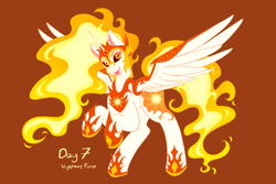 Size: 2048x1365 | Tagged: safe, artist:mscolorsplash, daybreaker, alicorn, pony, g4, brown background, female, mare, open mouth, open smile, ponytober, rearing, simple background, smiling, solo, spread wings, wings