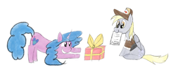 Size: 2724x1126 | Tagged: safe, artist:ponycolton, derpy hooves, izzy moonbow, pegasus, pony, unicorn, mlp fim's thirteenth anniversary, g4, g5, clipboard, cute, delivery, delivery pony, derpabetes, duo, duo female, female, hat, mailmare, mailmare hat, mailmare uniform, paper, present, simple background, white background