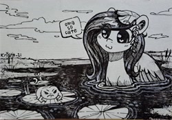 Size: 2048x1425 | Tagged: safe, artist:krista-21, fluttershy, pegasus, pony, toad, g4, :3, black and white, cute, dialogue, eye clipping through hair, female, grayscale, heart, heart eyes, inktober, lilypad, mare, monochrome, shyabetes, smiling, solo, speech bubble, swamp, traditional art, wet, wet mane, wingding eyes