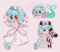 Size: 1935x1675 | Tagged: safe, artist:cozyglow, cozy glow, mermaid, pony, g4, blue hair, blushing, bow, clothes, costume, cute, disney, disneyland, dress, female, filly, foal, hair bow, happy, minnie mouse, princess, red eyes, simple background, smiling, solo, sparkles