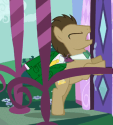 Size: 352x389 | Tagged: safe, screencap, doctor whooves, time turner, earth pony, pony, g4, slice of life (episode), animated, bipedal, bipedal leaning, bowtie, carousel boutique, clothes, cropped, eyes closed, invisible mare, leaning, male, out of context, solo, stallion, thrusting