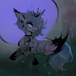 Size: 2030x2048 | Tagged: safe, artist:dearmary, princess luna, alicorn, pony, g4, clothes, collar, colored wings, colored wingtips, crossed hooves, ear piercing, earring, eyebrows, eyebrows visible through hair, female, goth, hair over one eye, high res, hybrid wings, jewelry, lying down, mare, open mouth, open smile, piercing, prone, s1 luna, short mane, smiling, solo, stockings, thigh highs, two toned wings, wings
