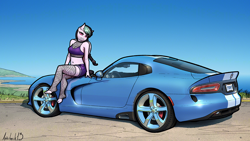 Size: 1152x648 | Tagged: safe, artist:apocheck13, oc, oc only, oc:galactic lights, anthro, plantigrade anthro, belly button, blue sky, car, commission, commissioner:rainbowdash69, dodge (car), dodge viper, female, fishnet stockings, midriff, sitting, sky, solo